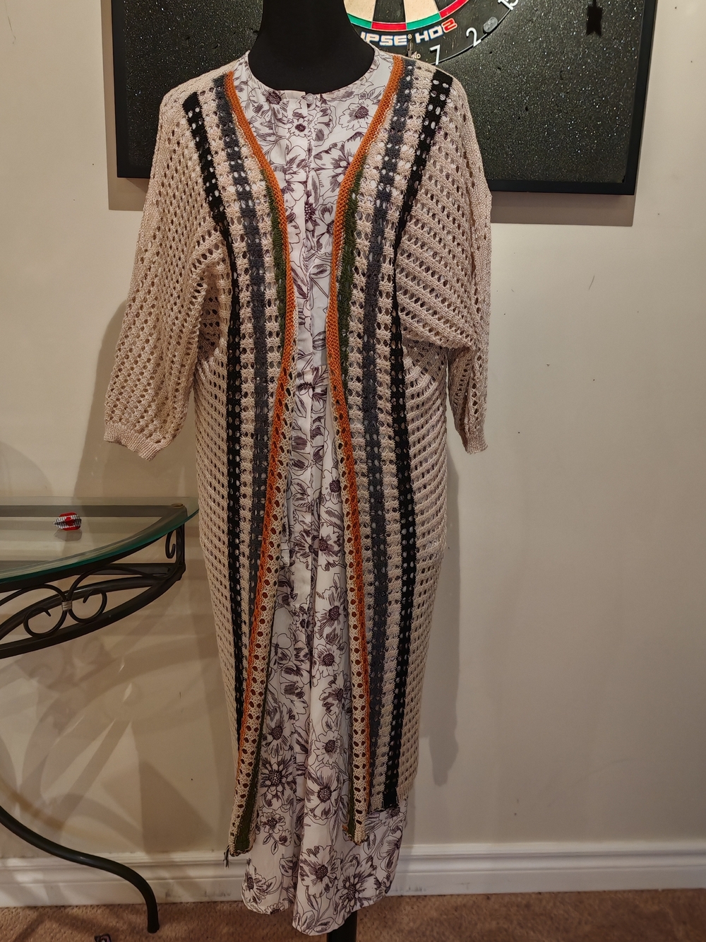 Crochet Duster Cardigan with Striped Accents - Picture 11 of 11